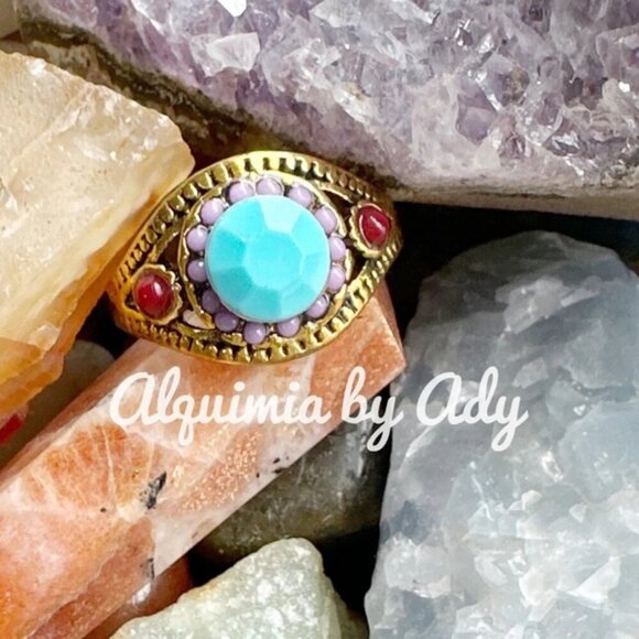 Colorful antique gold style statement ring - Picture 1 of 3